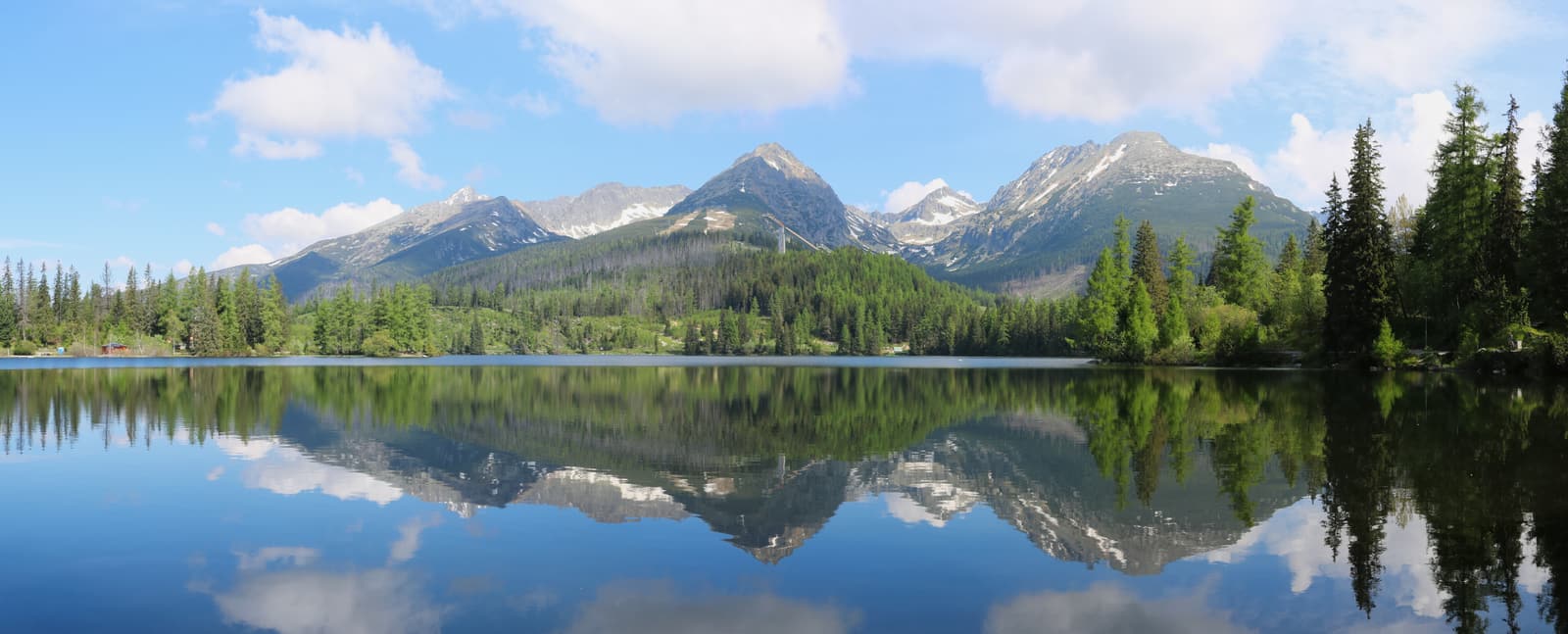 Štrbské pleso lake with the High Tatra peaks reflected in still water